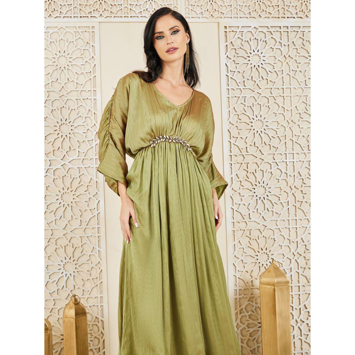 فستان طويل بخطوط نسيج لوريكس وكسرات-women-clothing-dresses-image-2
