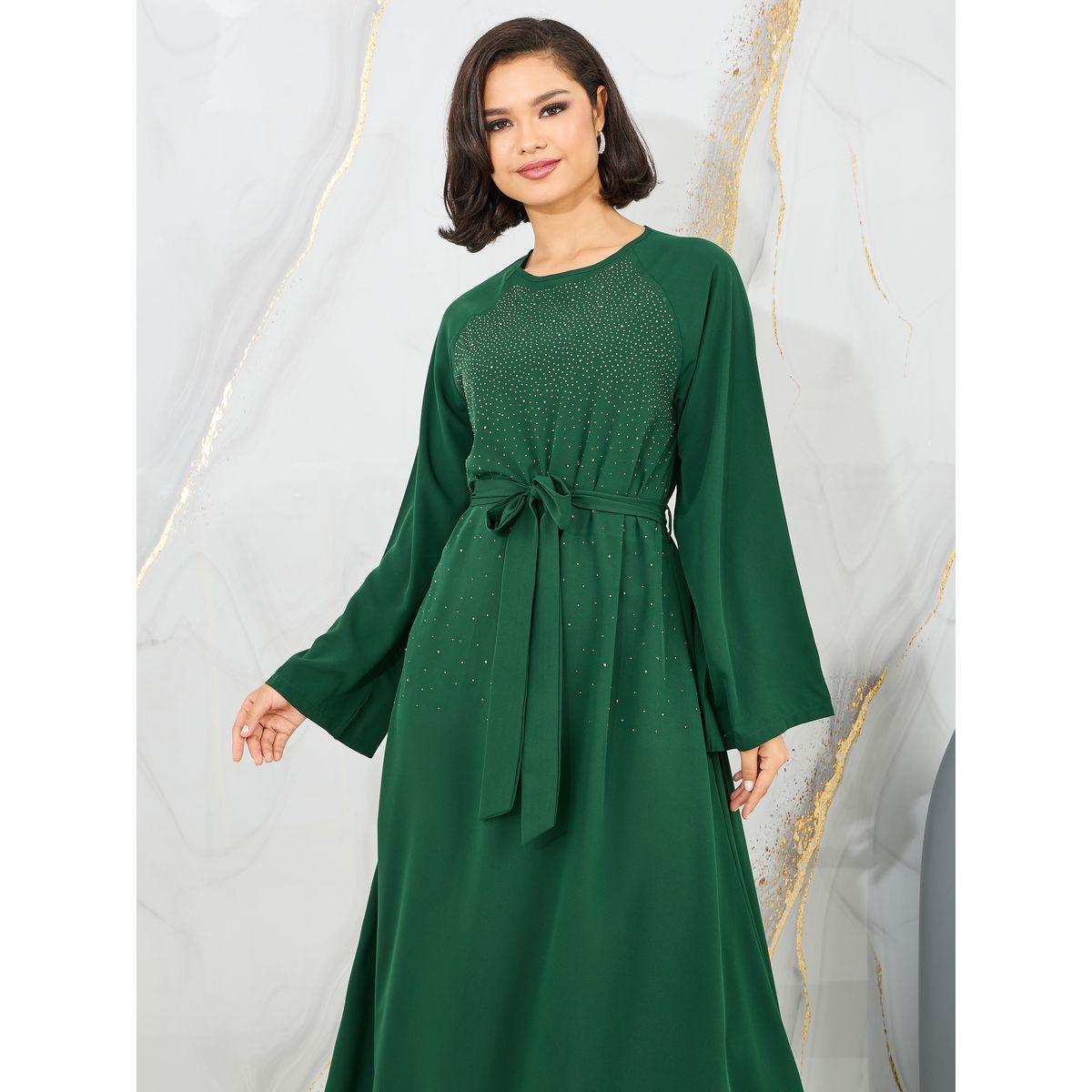 فستان طويل مزين بحجر الراين مع رباط خصر-women-clothing-dresses-image-2