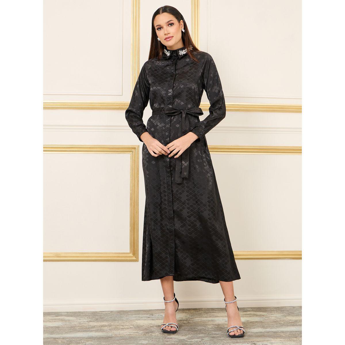 Styli Jacquard Print Embellished Collared Shirt Midi Dress-women-clothing-dresses-image-1