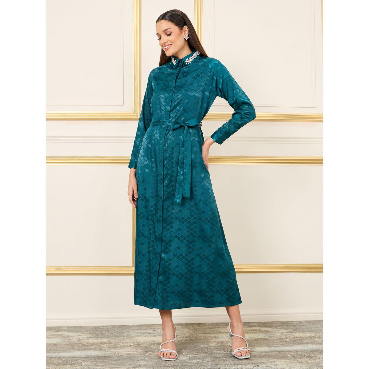 فستان ميدي بتفاصيل جاكار مع ياقة مزينة بزهور-women-clothing-dresses-image-1