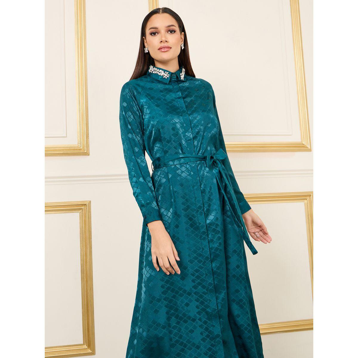 Styli Jacquard Print Embellished Collared Shirt Midi Dress-women-clothing-dresses-image-2