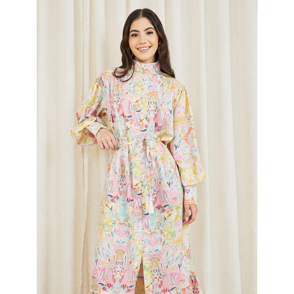 Styli Bohemian Print High Neck Tiered Maxi Dress with Self Tie Up-women-clothing-dresses-image-2