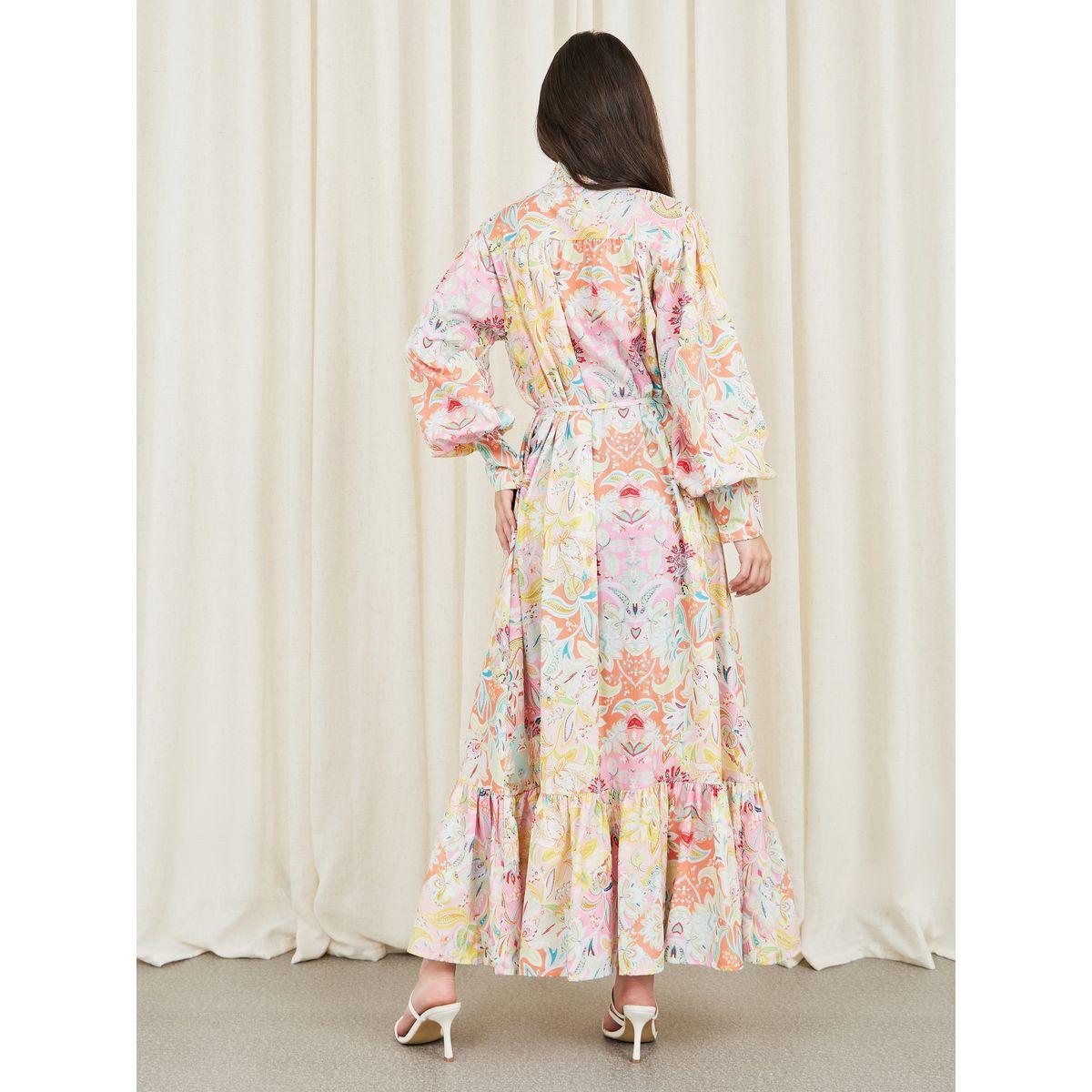 Styli Bohemian Print High Neck Tiered Maxi Dress with Self Tie Up-women-clothing-dresses-image-4