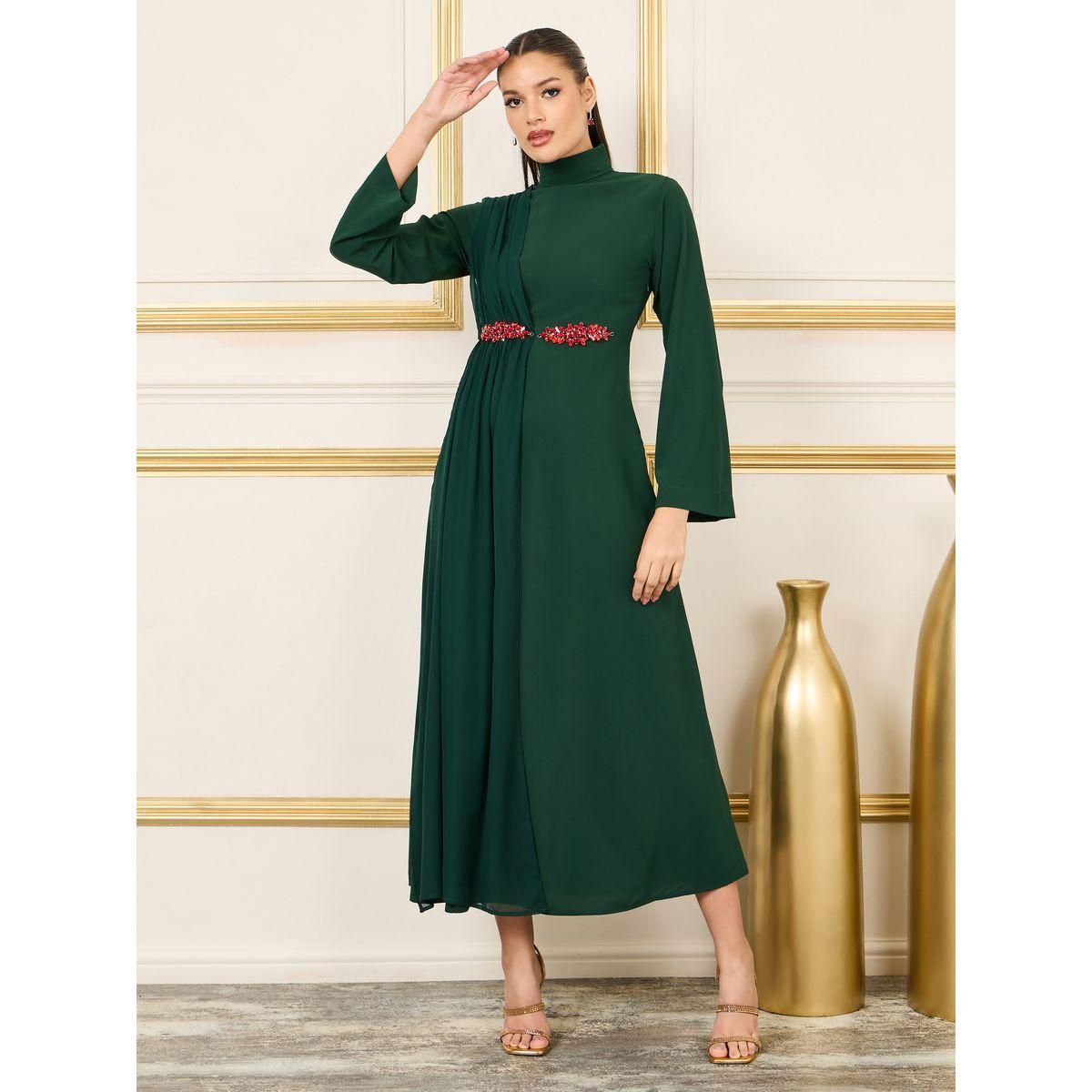 فستان طويل بياقة عالية وكسرات-women-clothing-dresses-image-1