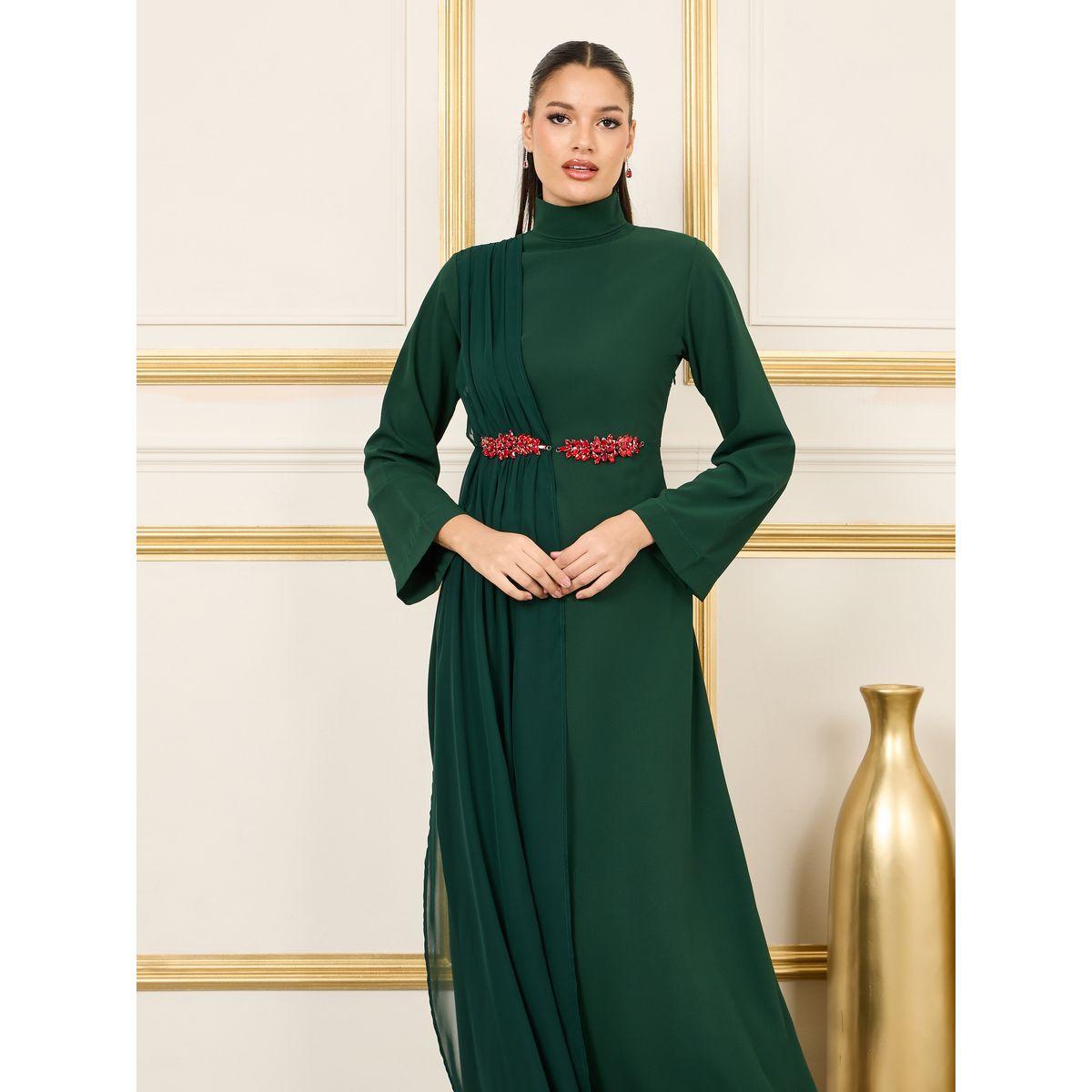 Styli Embellished Waist Pleated Detail High Neck A-Line Maxi Dress-women-clothing-dresses-image-2