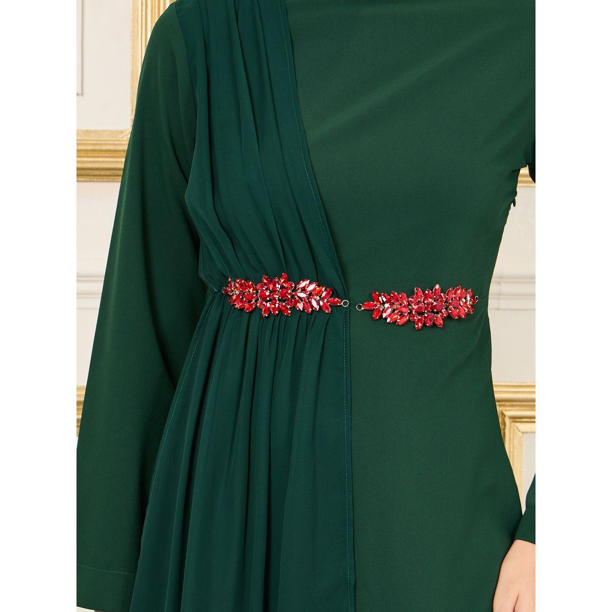 Styli Embellished Waist Pleated Detail High Neck A-Line Maxi Dress-women-clothing-dresses-image-3