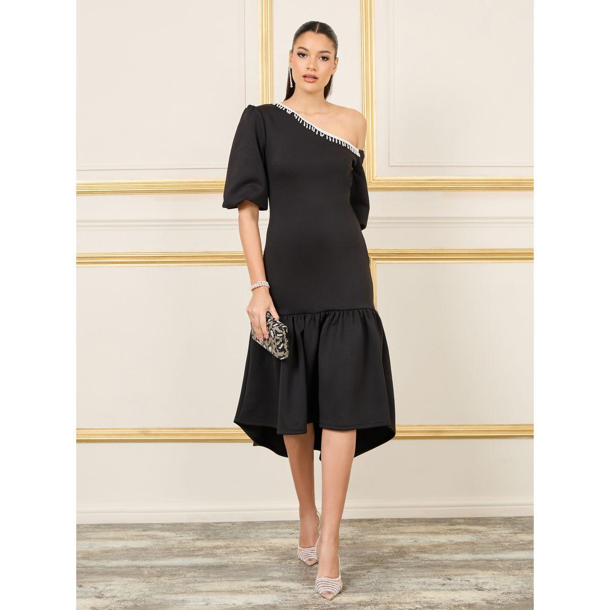 Styli Embellished Neck One Shoulder Neck Midi Dress-women-clothing-dresses-image-1