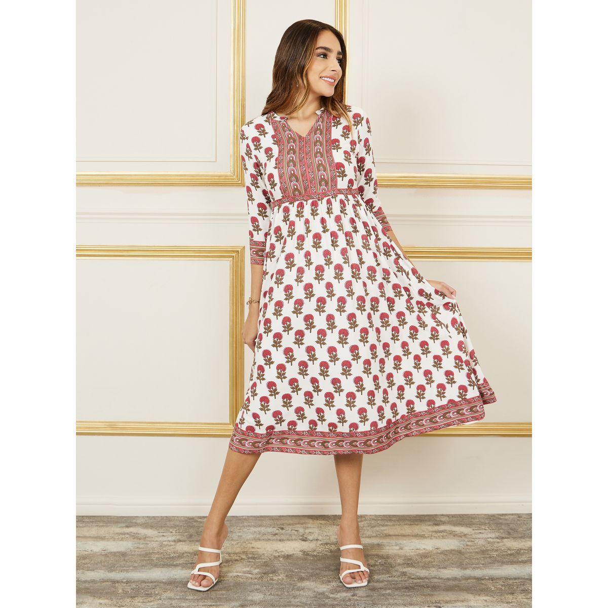 Styli Boho Print Notch Neck A-Line Midi Dress-women-clothing-dresses-image-1
