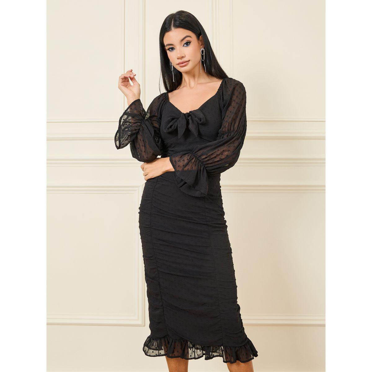 Styli Dobby Ruched Detail Sheer Sleeves Bodycon Midi Dress-women-clothing-dresses-image-2