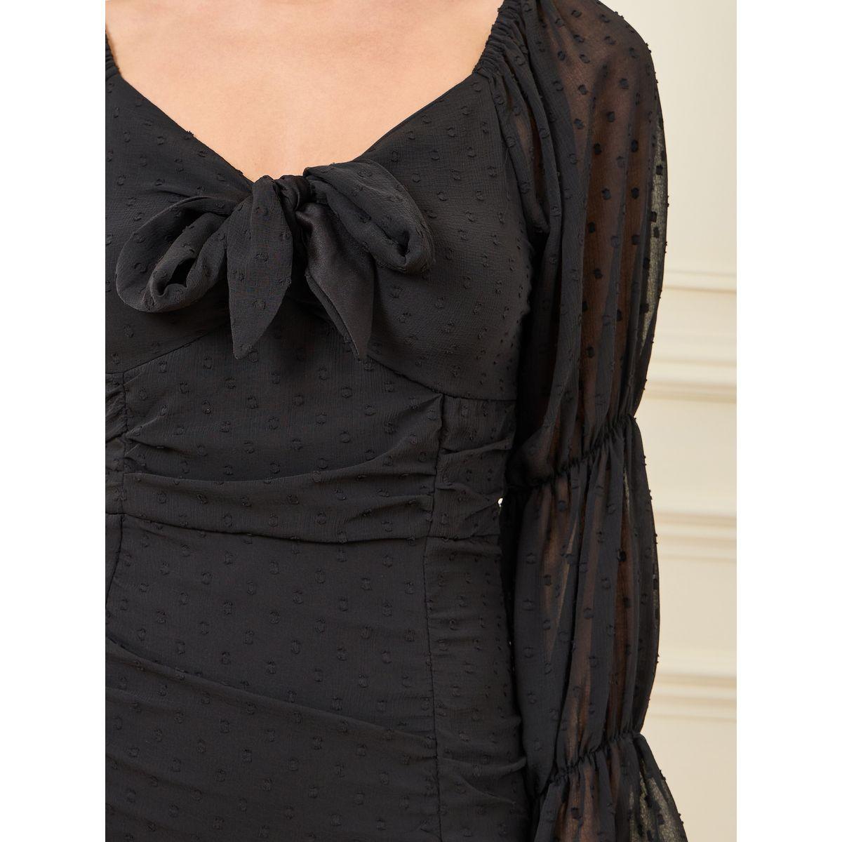 Styli Dobby Ruched Detail Sheer Sleeves Bodycon Midi Dress-women-clothing-dresses-image-3