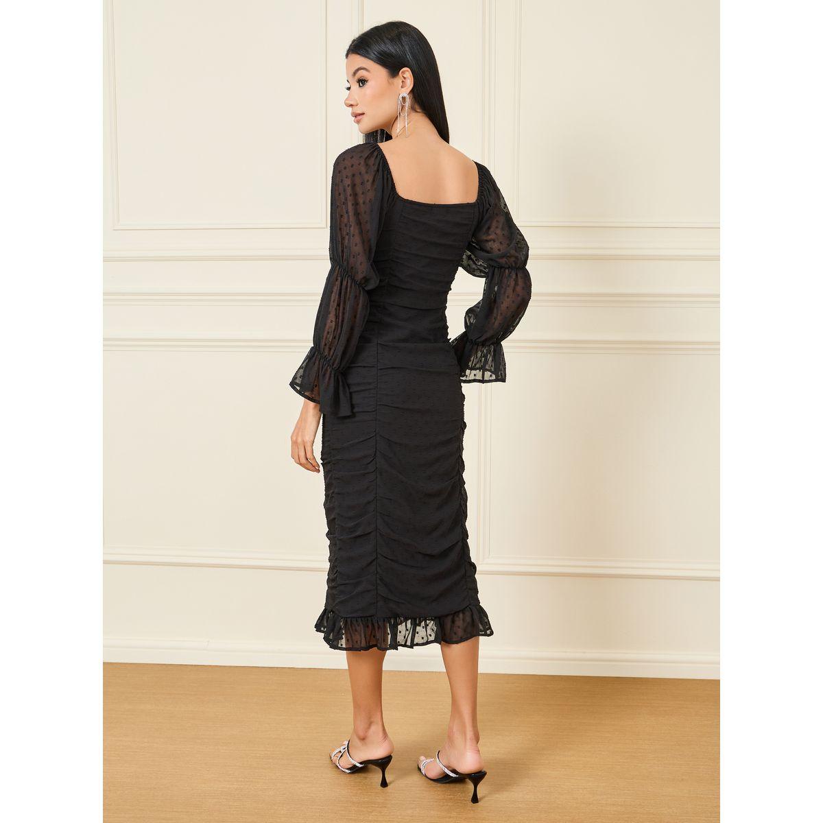Styli Dobby Ruched Detail Sheer Sleeves Bodycon Midi Dress-women-clothing-dresses-image-4