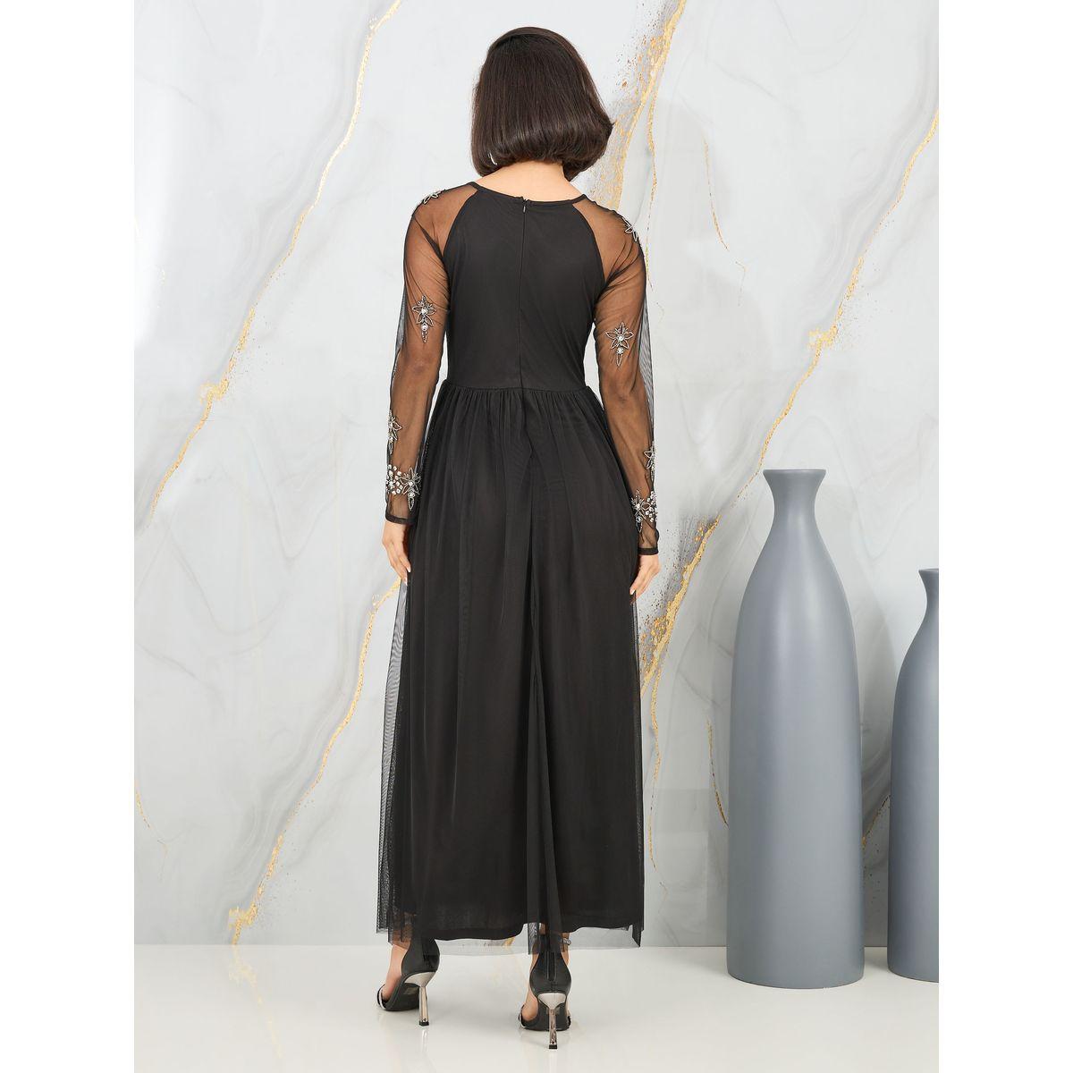فستان طويل منمق بتفاصيل شبكية-women-clothing-dresses-image-4