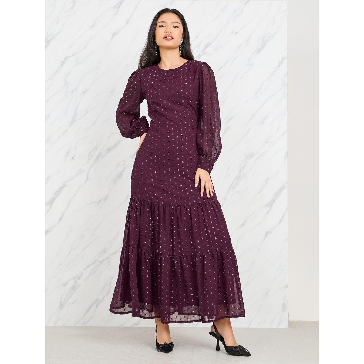 فستان طويل بكسرات واكمام بتفاصيل شبكية-women-clothing-dresses-image-1