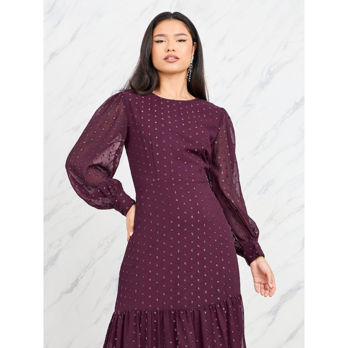 فستان طويل بكسرات واكمام بتفاصيل شبكية-women-clothing-dresses-image-2