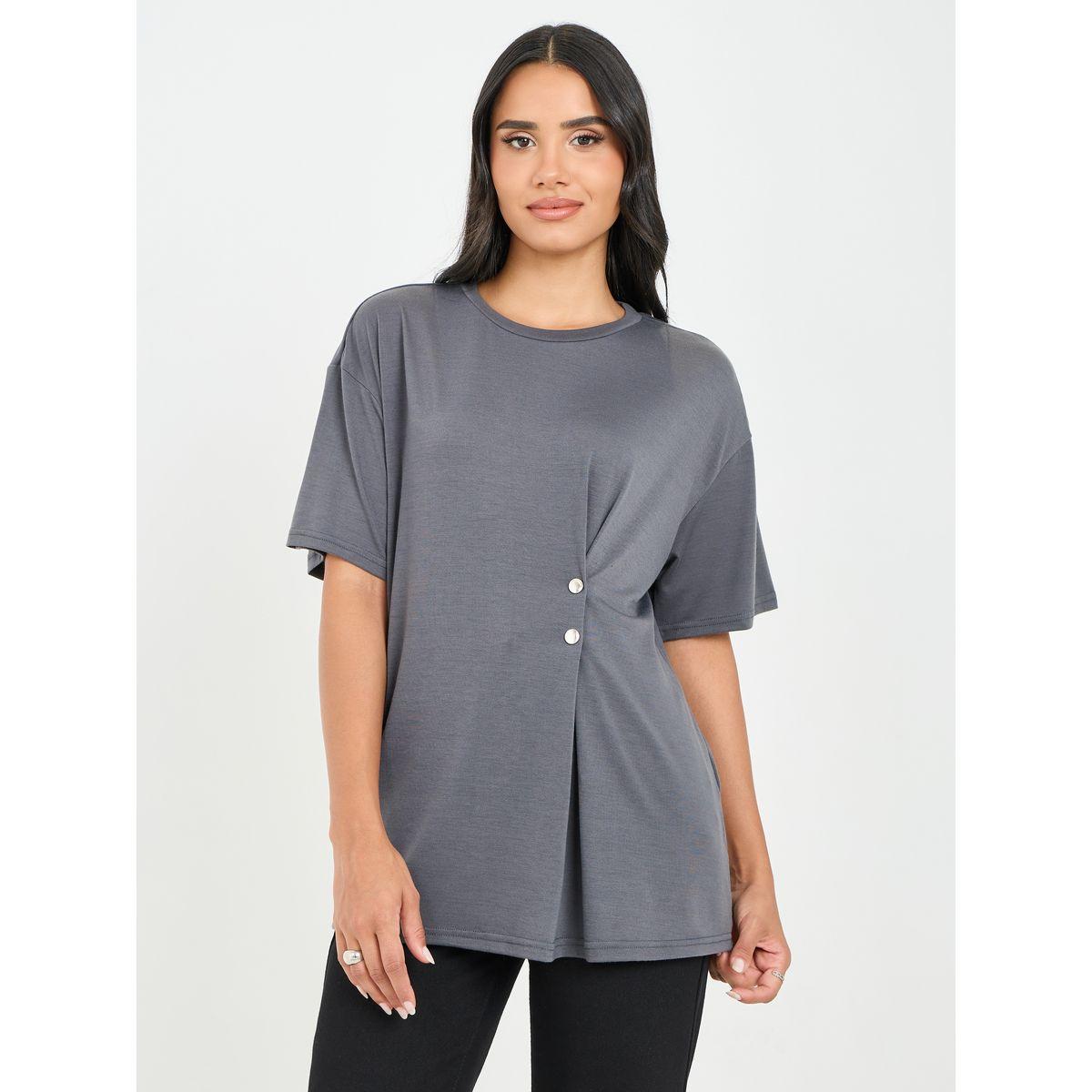 Styli Oversized Button Detail T-Shirt with Short Sleeves-women-clothing-tshirts-image-2