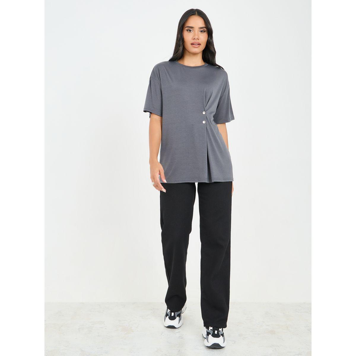 Styli Oversized Button Detail T-Shirt with Short Sleeves-women-clothing-tshirts-image-3
