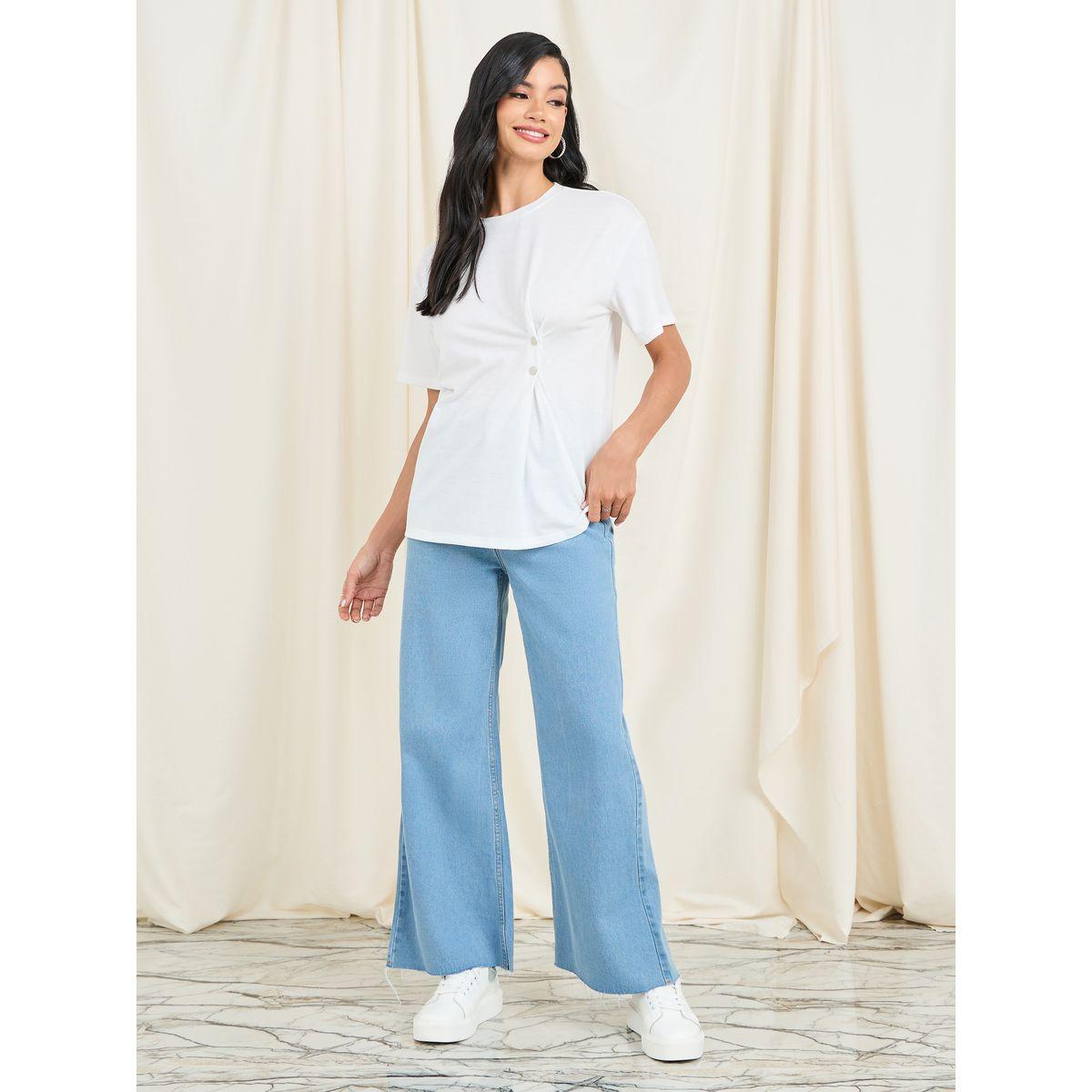 Styli Oversized Button Detail T-Shirt with Short Sleeves-women-clothing-tshirts-image-2
