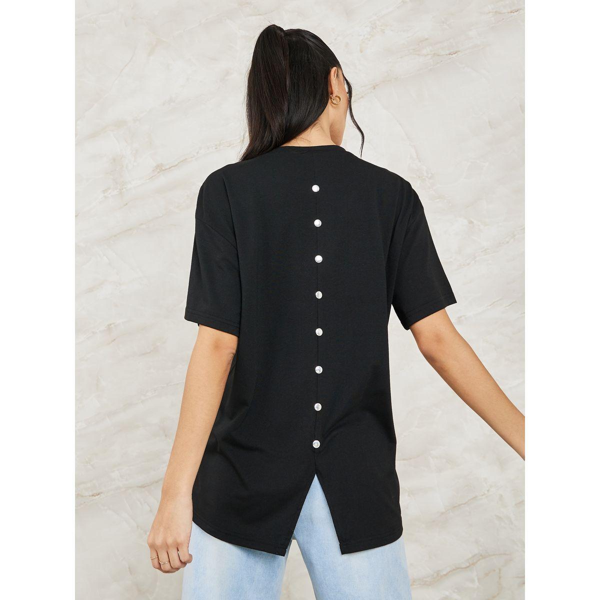 Styli Oversized Split Back Button Detail Longline T-Shirt-women-clothing-tshirts-image-1