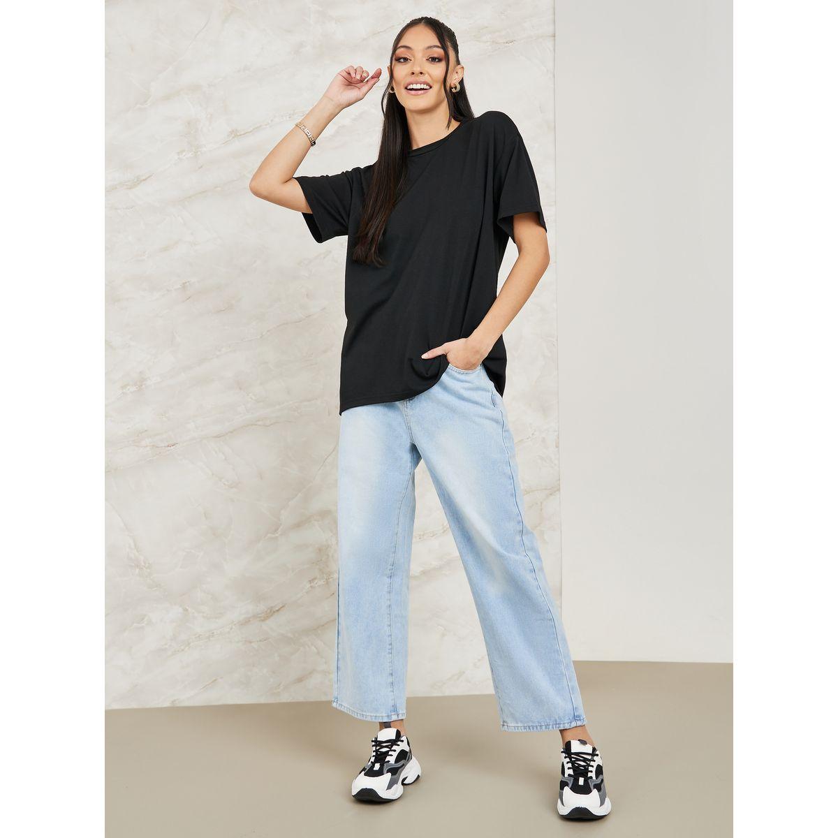 Styli Oversized Split Back Button Detail Longline T-Shirt-women-clothing-tshirts-image-2