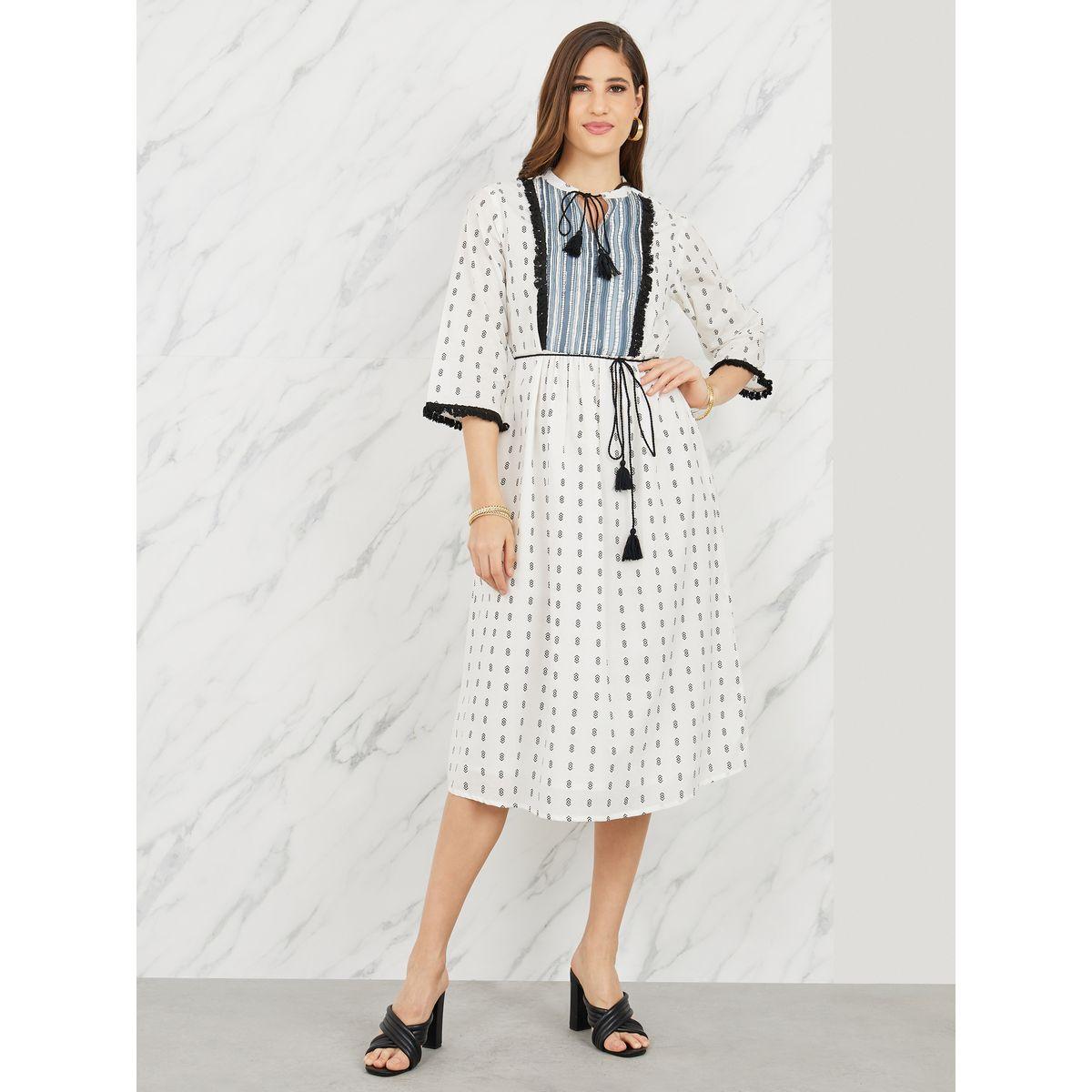 Styli Tassel Texture Detail AOP Tie Up Neck Shift Midi Dress-women-clothing-dresses-image-1