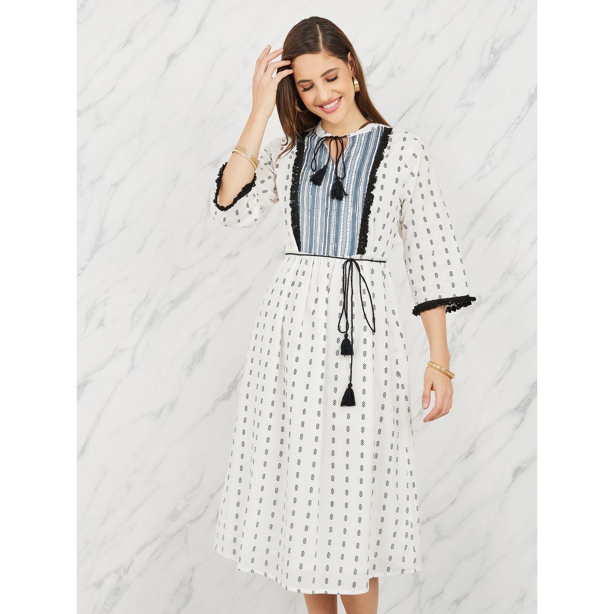 فستان ميدي بتفاصيل بارزة الملمس مع ياقة بأربطة-women-clothing-dresses-image-2