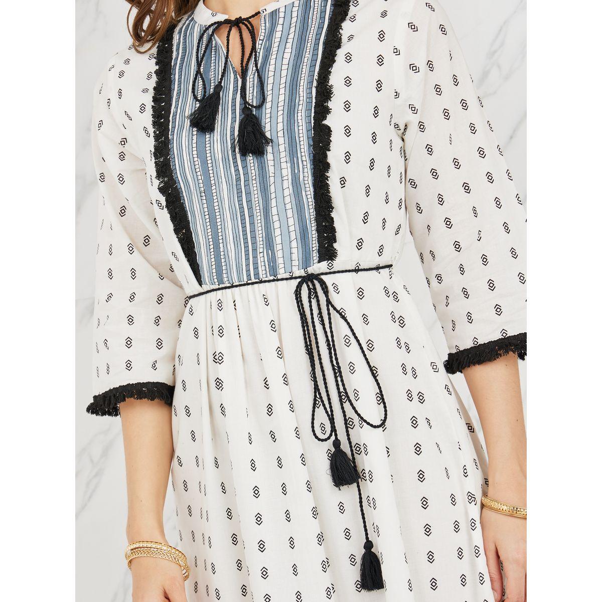 Styli Tassel Texture Detail AOP Tie Up Neck Shift Midi Dress-women-clothing-dresses-image-3