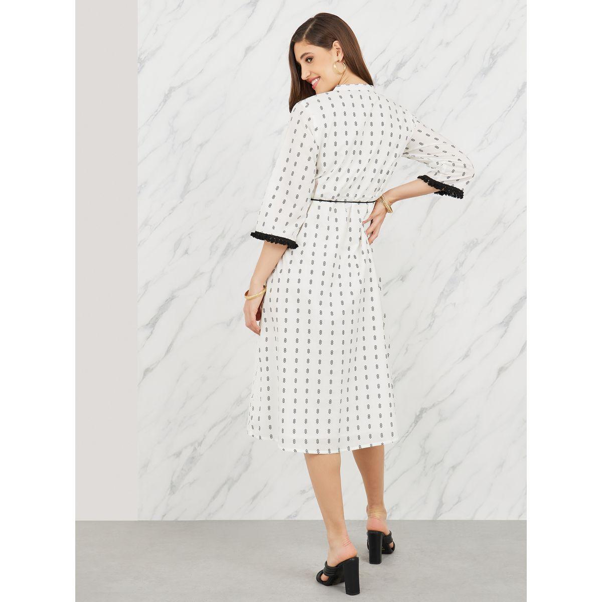 Styli Tassel Texture Detail AOP Tie Up Neck Shift Midi Dress-women-clothing-dresses-image-4