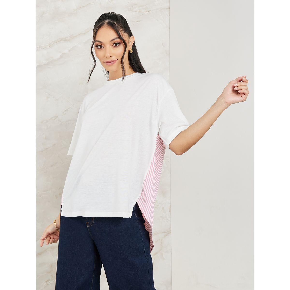 Styli Back Stripe Detail High Low Hem T-Shirt-women-clothing-tshirts-image-1
