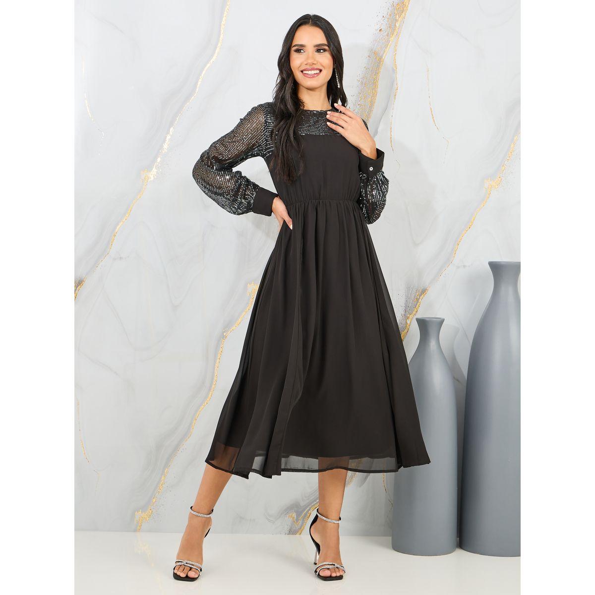 فستان ميدي باكمام طويلة مزينة بالترتر-women-clothing-dresses-image-1