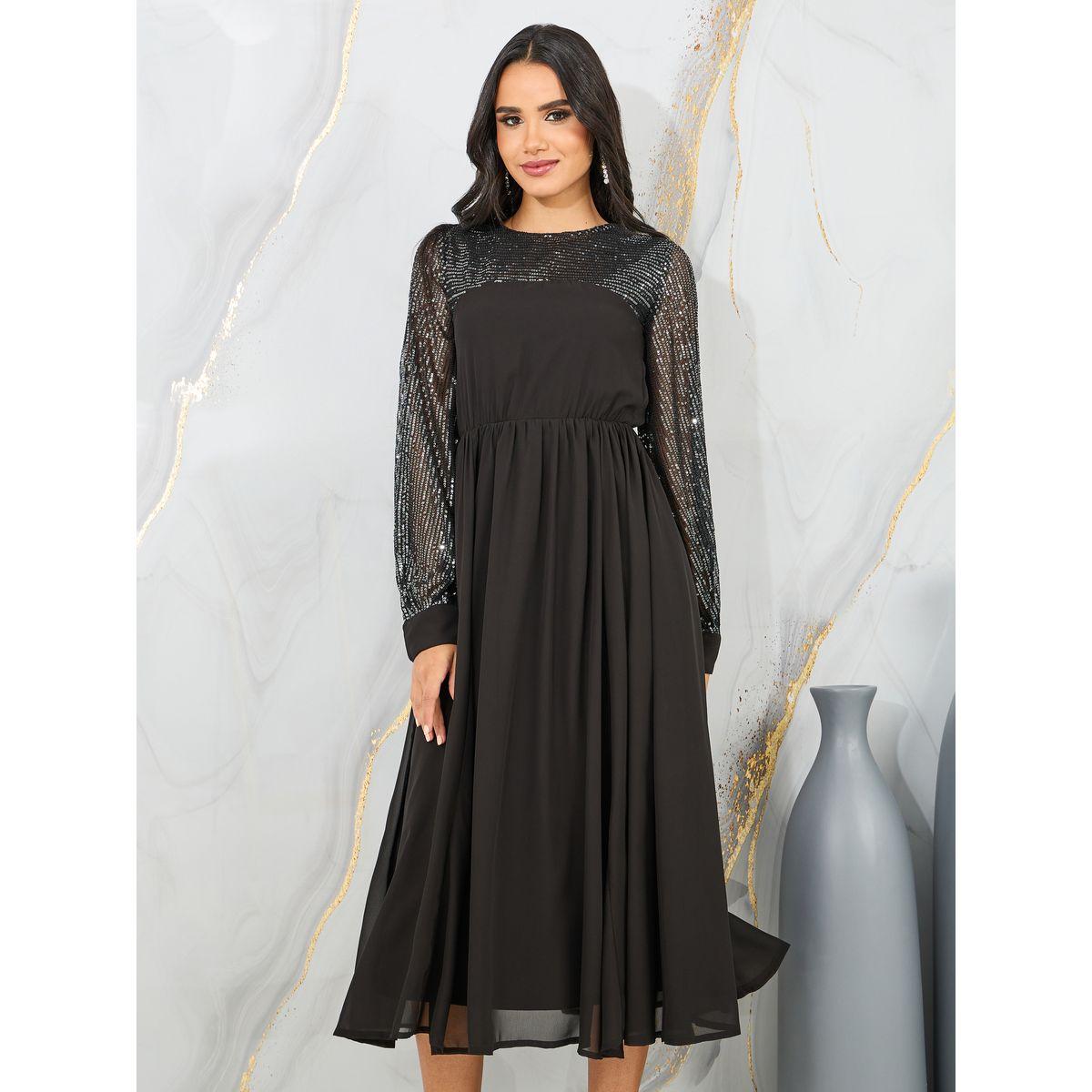 فستان ميدي باكمام طويلة مزينة بالترتر-women-clothing-dresses-image-2