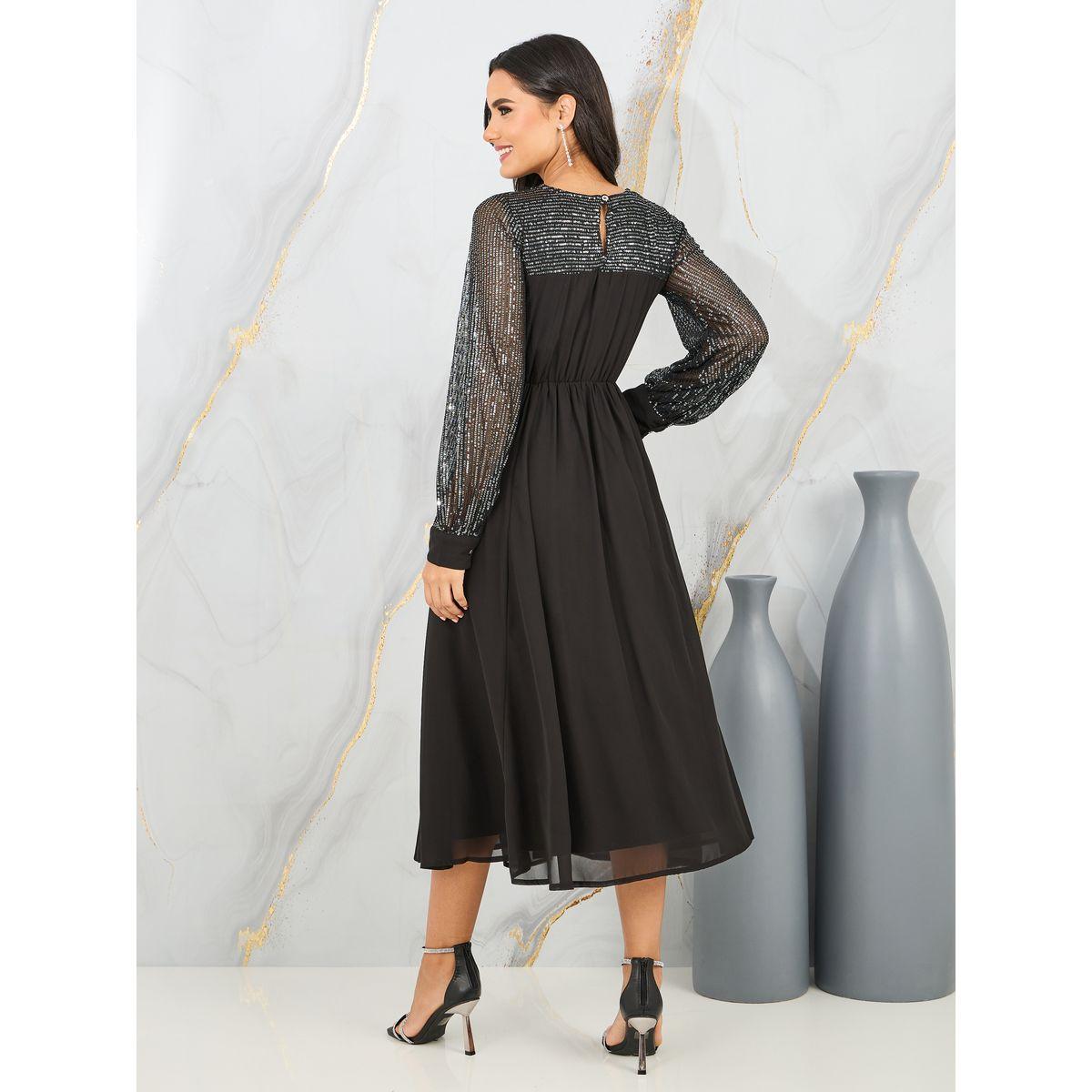 فستان ميدي باكمام طويلة مزينة بالترتر-women-clothing-dresses-image-4