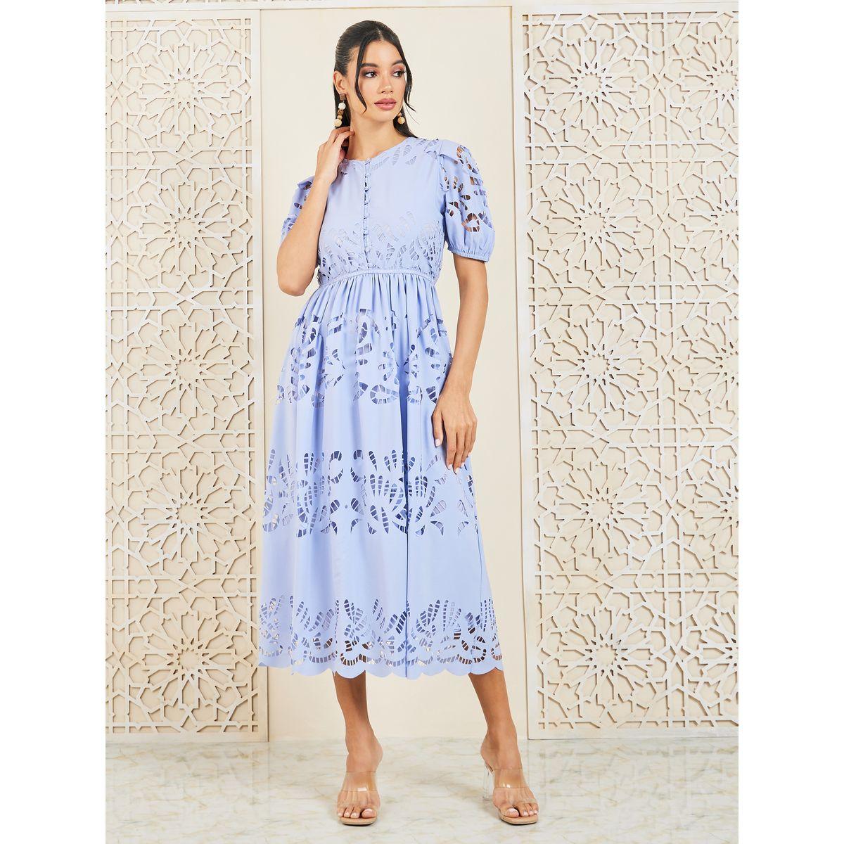 Styli Cut Out Detail Scallop Edge Button Detail A-Line Midi Dress-women-clothing-dresses-image-1