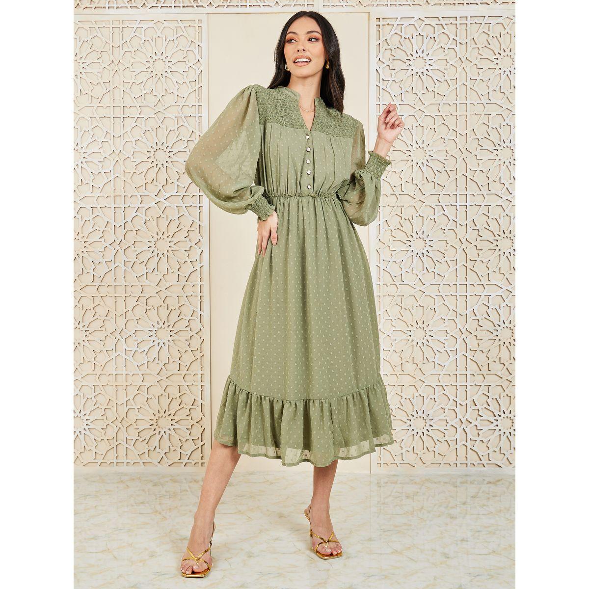 Styli Dobby Smocked Ruffle Detail A-Line Midi Dress-women-clothing-dresses-image-1