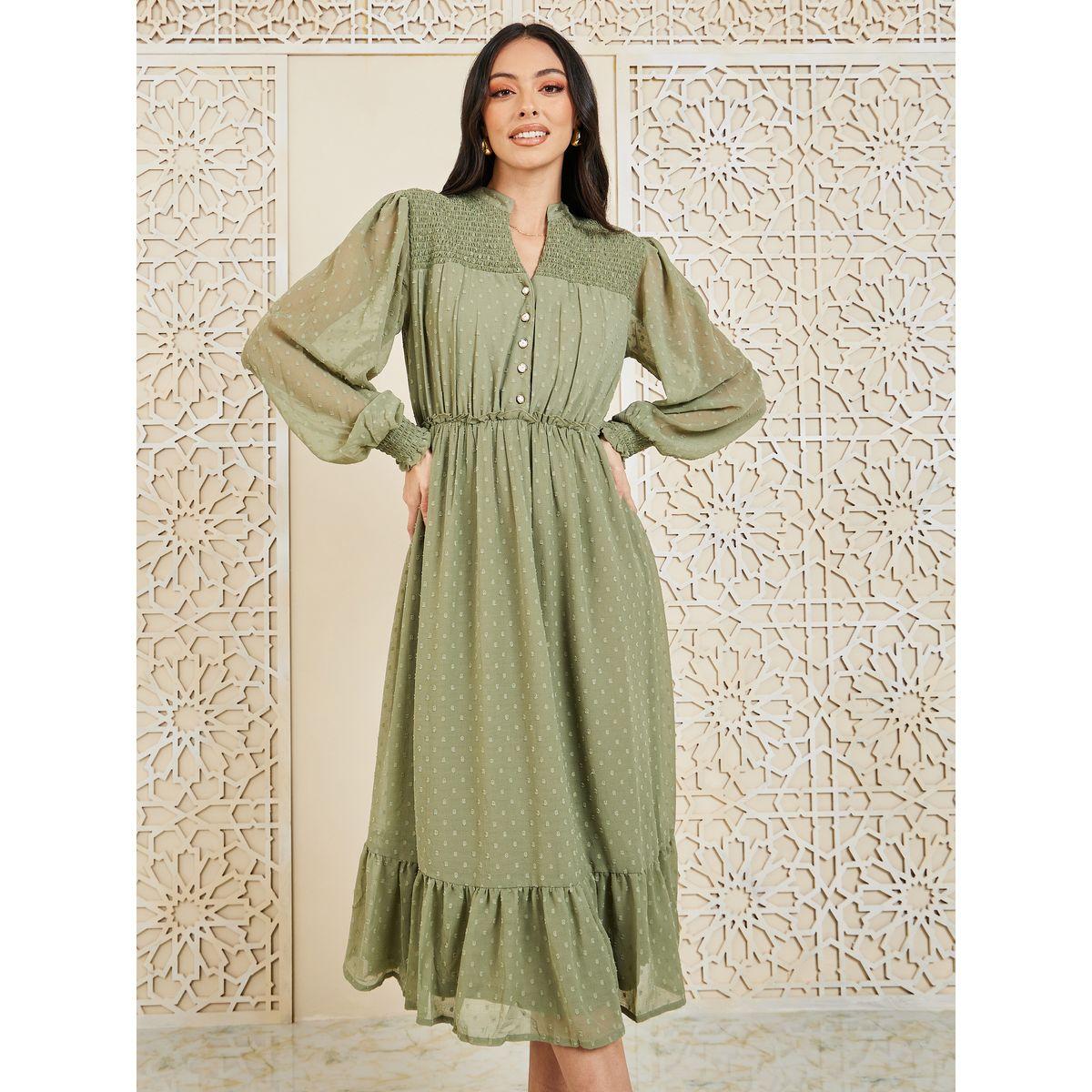 Styli Dobby Smocked Ruffle Detail A-Line Midi Dress-women-clothing-dresses-image-2