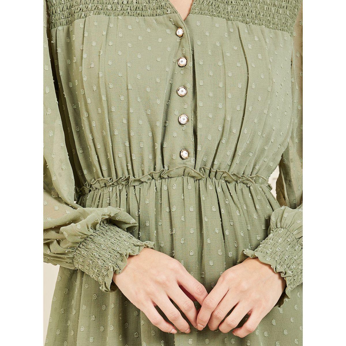 Styli Dobby Smocked Ruffle Detail A-Line Midi Dress-women-clothing-dresses-image-3