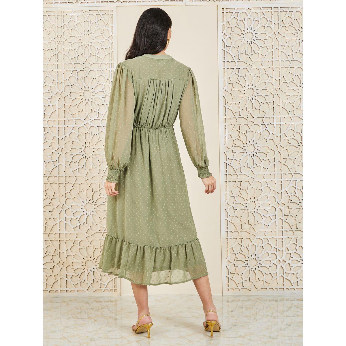 Styli Dobby Smocked Ruffle Detail A-Line Midi Dress-women-clothing-dresses-image-4