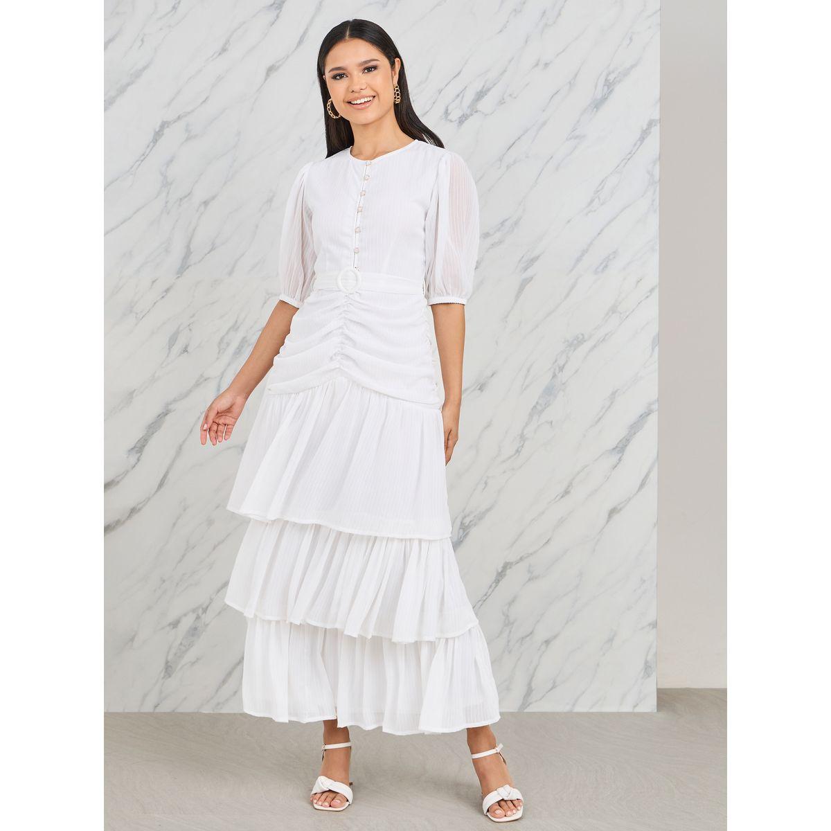 Styli Ruched Detail Buckle Belted Layer Tiered Maxi Dress-women-clothing-dresses-image-1