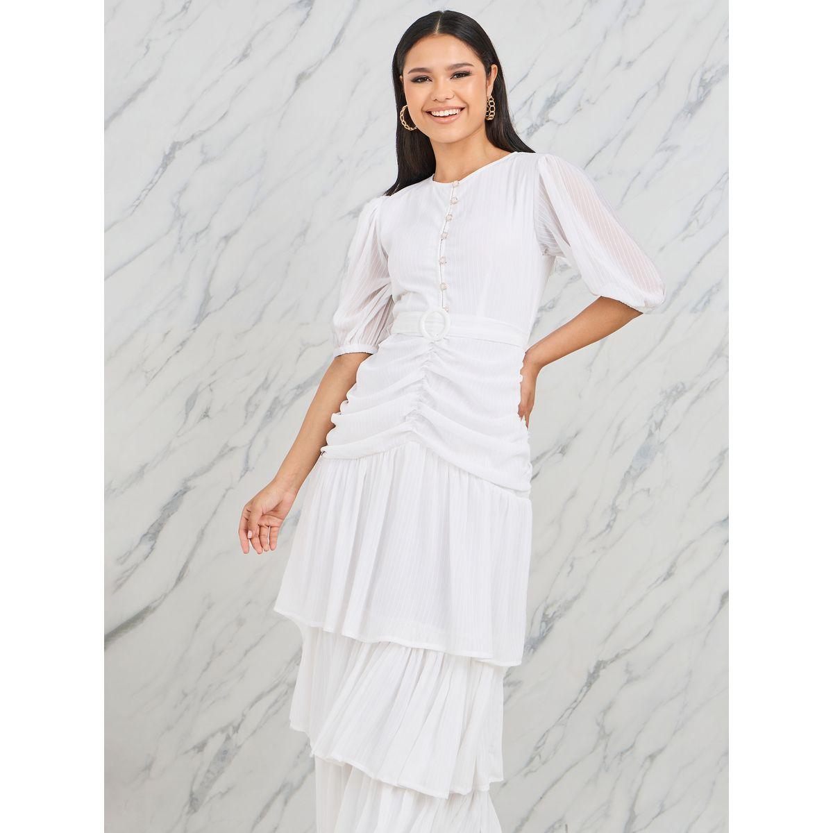 Styli Ruched Detail Buckle Belted Layer Tiered Maxi Dress-women-clothing-dresses-image-2