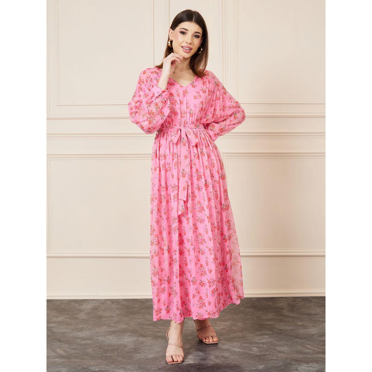 فستان طويل مطبع بزهور ورباط خصر-women-clothing-dresses-image-1