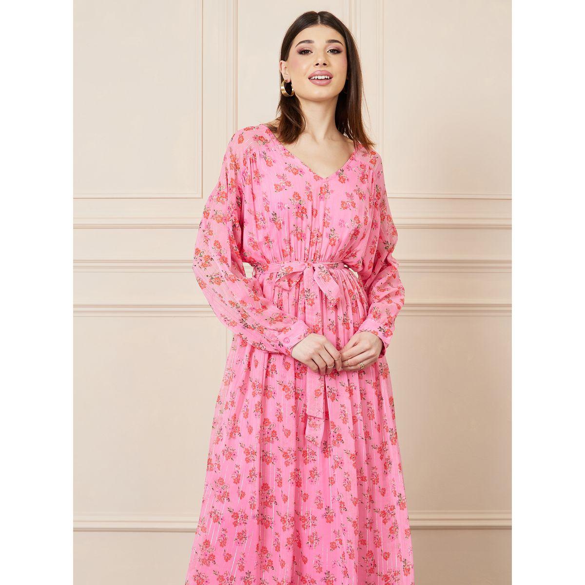 Styli Floral Print A-Line Maxi Dress with Self Tie Up-women-clothing-dresses-image-2