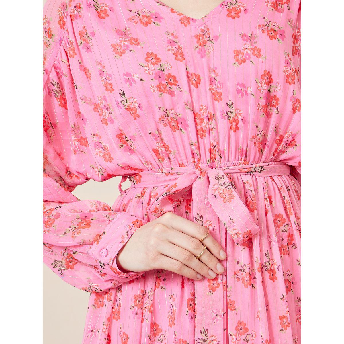 فستان طويل مطبع بزهور ورباط خصر-women-clothing-dresses-image-3