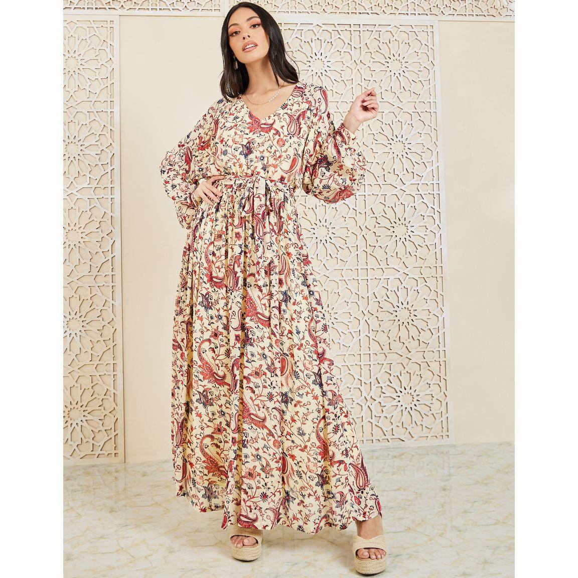 Styli Paisley Printed A-Line Maxi Dress with Self Tie Up-women-clothing-dresses-image-1