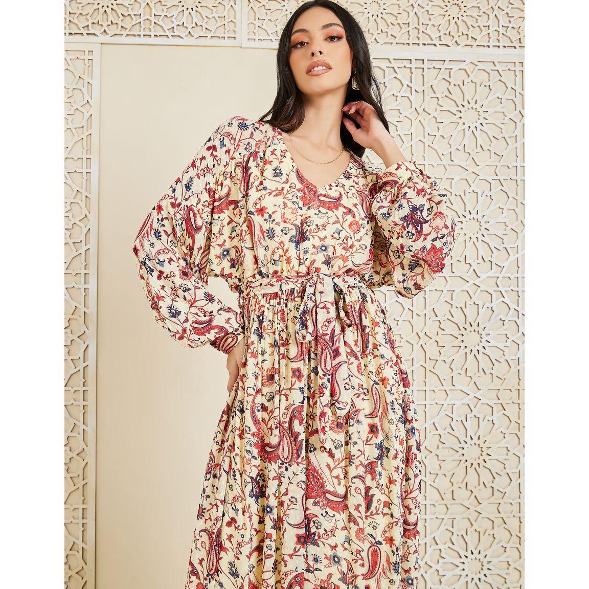 Styli Paisley Printed A-Line Maxi Dress with Self Tie Up-women-clothing-dresses-image-2