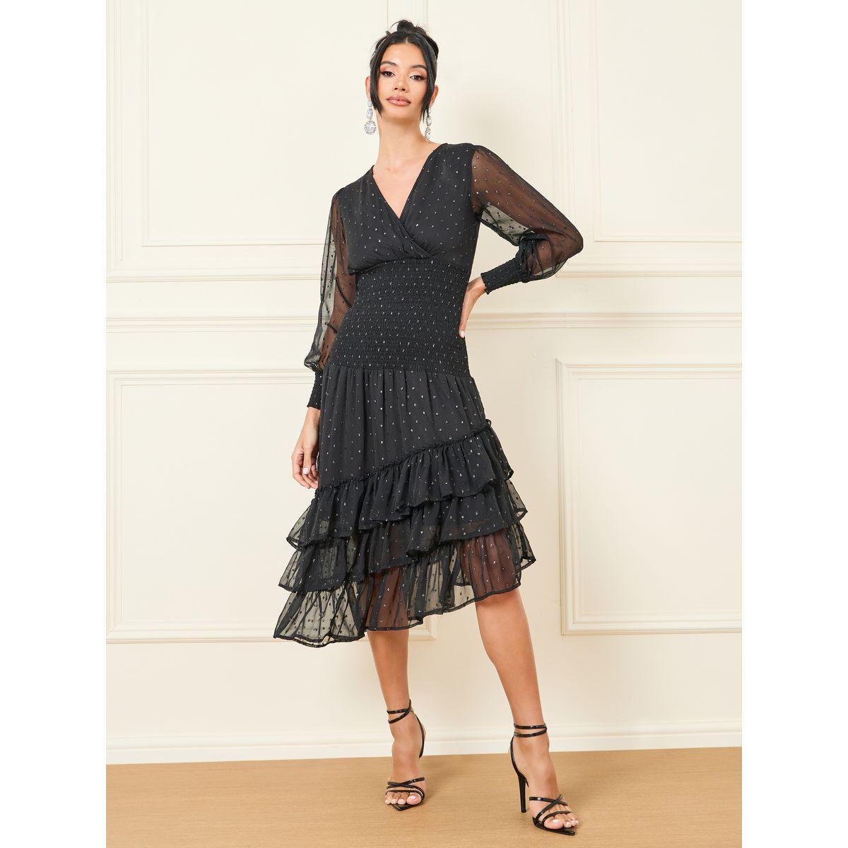 فستان ميدي بتفاصيل براقة وحافة بكشكش-women-clothing-dresses-image-1