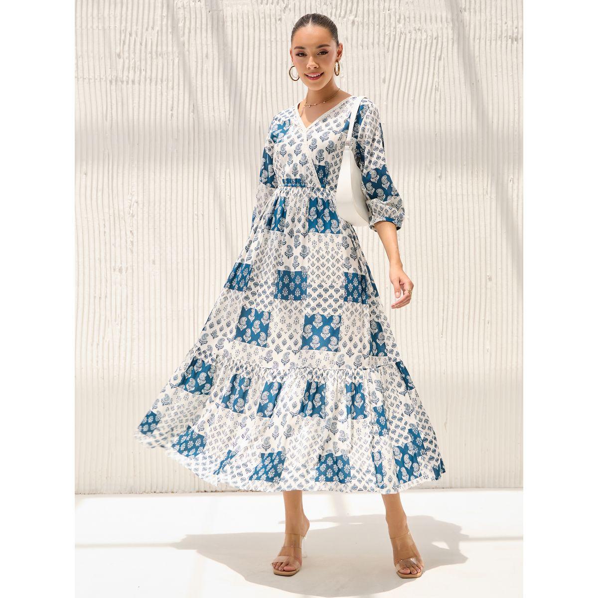 Styli Paisley Print A-Line Midi Dress with 3/4 Sleeves-women-clothing-dresses-image-1