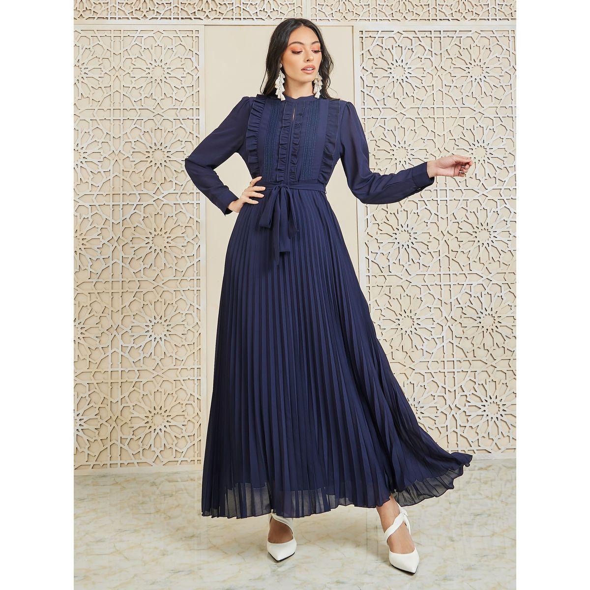 Styli Ruffle Detail Pleated A-Line Maxi Dress with Self Tie Up-women-clothing-dresses-image-1