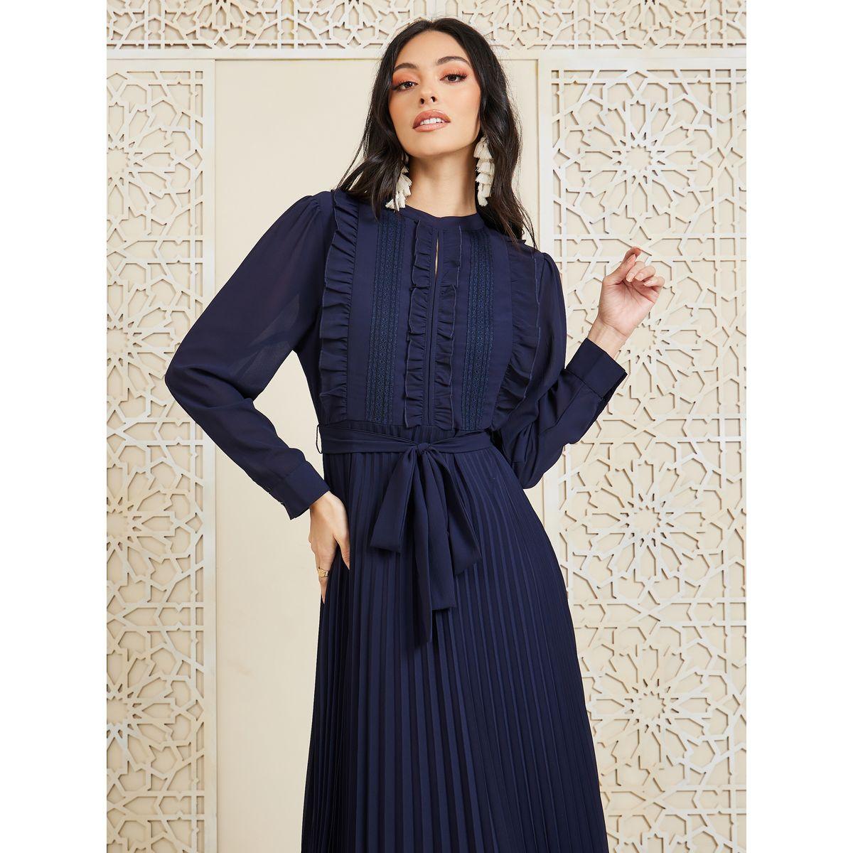 فستان طويل بكسرات وكشكش مع أربطة-women-clothing-dresses-image-2