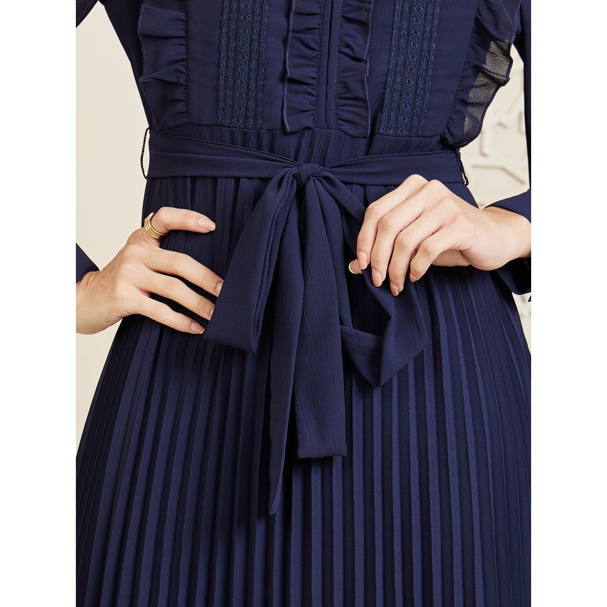 Styli Ruffle Detail Pleated A-Line Maxi Dress with Self Tie Up-women-clothing-dresses-image-3