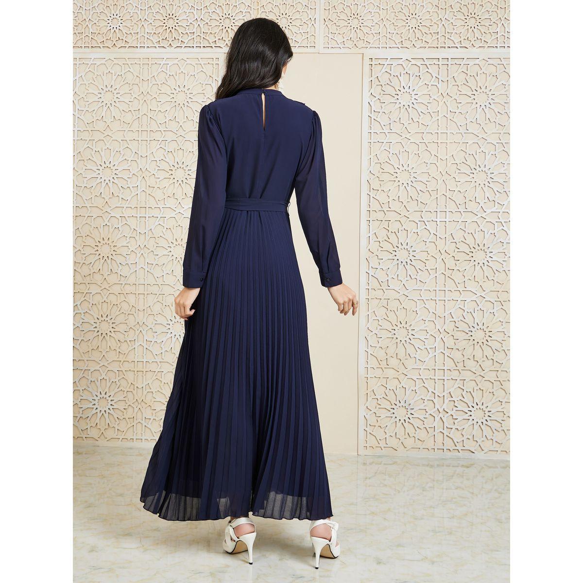 Styli Ruffle Detail Pleated A-Line Maxi Dress with Self Tie Up-women-clothing-dresses-image-4