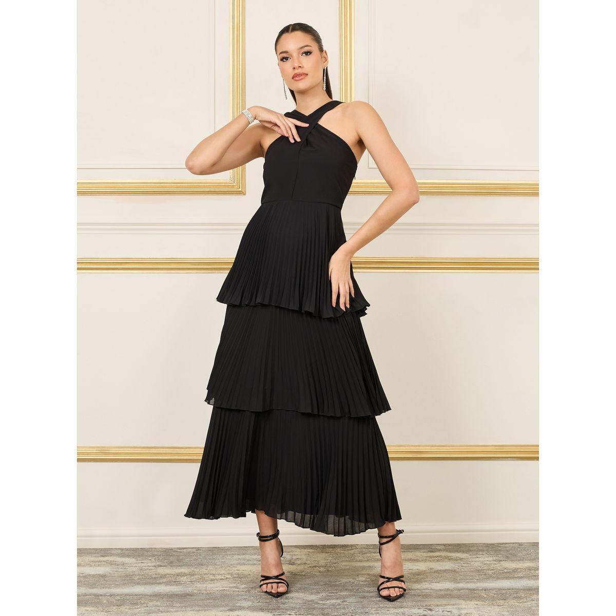 Styli Pleated Halter Neck Tiered Maxi Dress-women-clothing-dresses-image-1